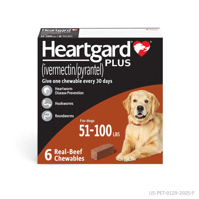 HEARTGARD® Plus (ivermectin/pyrantel) Real-Beef Chewables for Dogs - 51 -100 lbs (Brown Box) 6 Month Supply of Chews (Heartworm Disease Preventive) HEARTGARD® Plus (ivermectin/pyrantel) Real-Beef Chewables for Dogs - 51 -100 lbs (Brown Box) 6 Month Supply of Chews (Heartworm Disease Preventive) product detail number 1.0