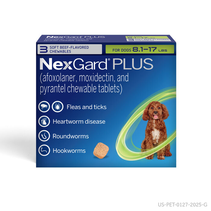 Nexgard Plus - Flea, Tick, & Broad Spectrum Prevention Chewable Tablet for Dogs 8.1 to 17 lbs. (Green Box) 3 Chews (3 Month Supply) Nexgard Plus - Flea, Tick, & Broad Spectrum Prevention Chewable Tablet for Dogs 8.1 to 17 lbs. (Green Box) 3 Chews (3 Month Supply) product detail number 1.0